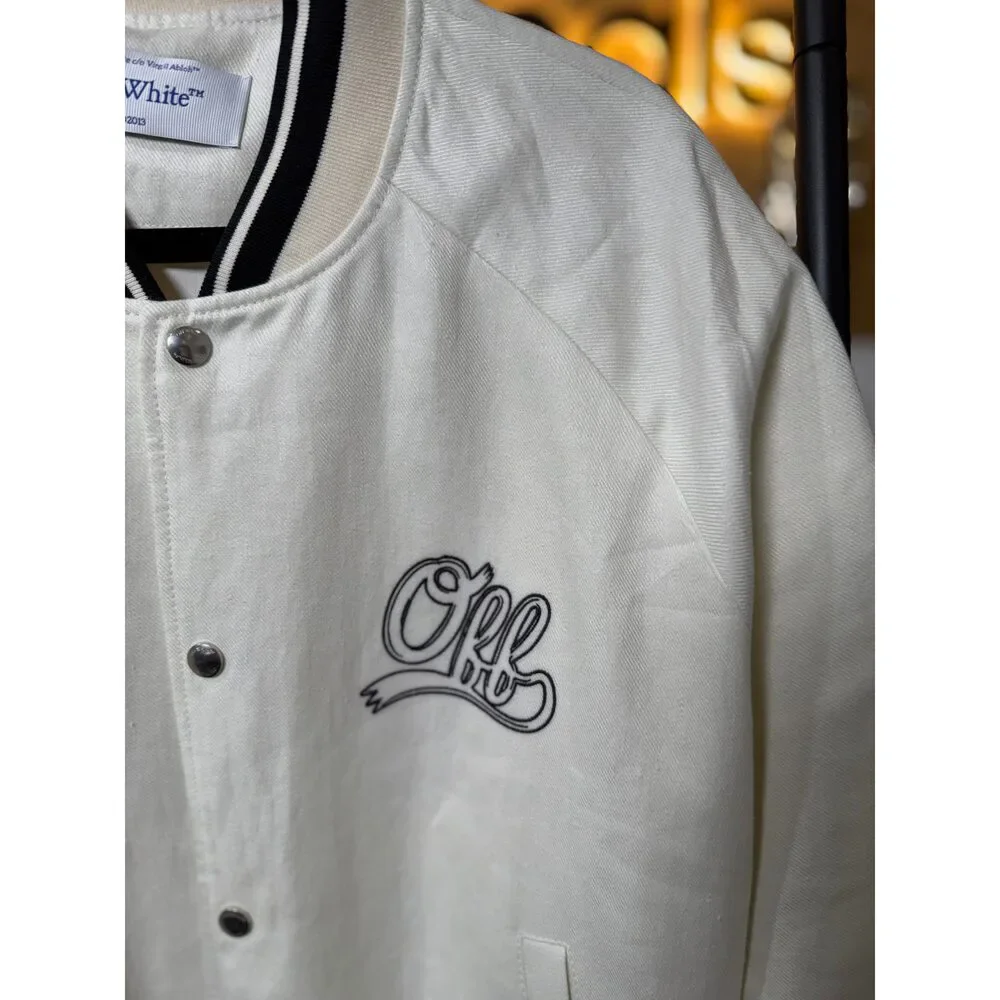 Off-White Souvenir Logo Embroidered Linen Varsity Jacket 52 – White / Black